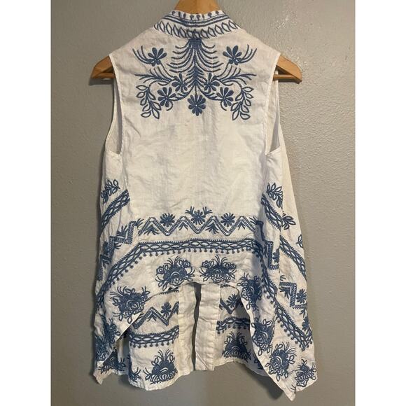 Johnny Was Los Angeles Vest Womens Small White Blue Embroidered Linen Open Front - Picture 2 of 7